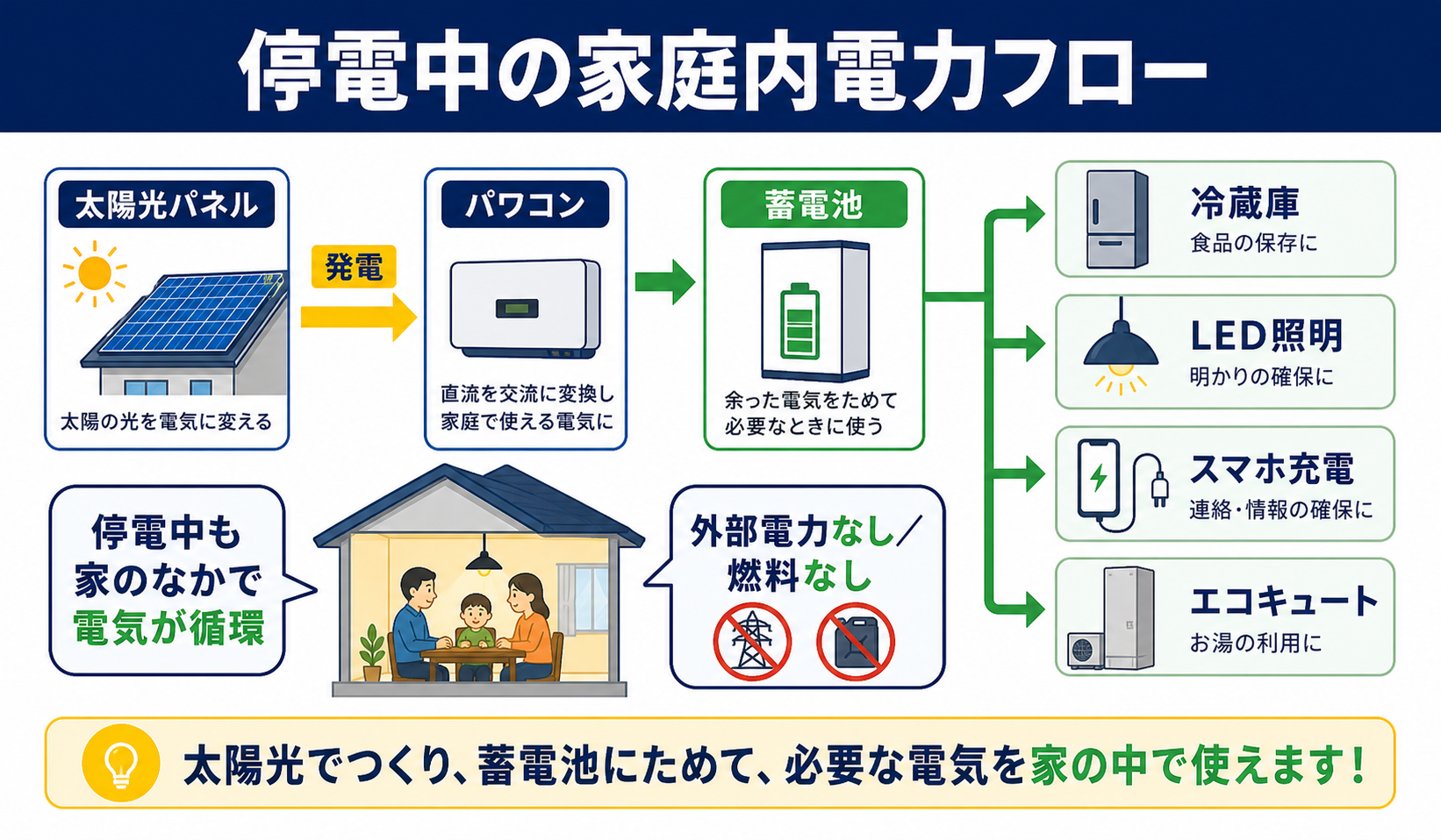 停電中の家庭内電力フロー：太陽光から蓄電池を経由して冷蔵庫・照明・スマホ充電・エコキュートに供給される図