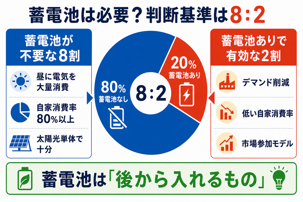 蓄電池の判断基準。8割の案件は不要、2割(デマンド削減・低自家消費・市場参加)で有効
