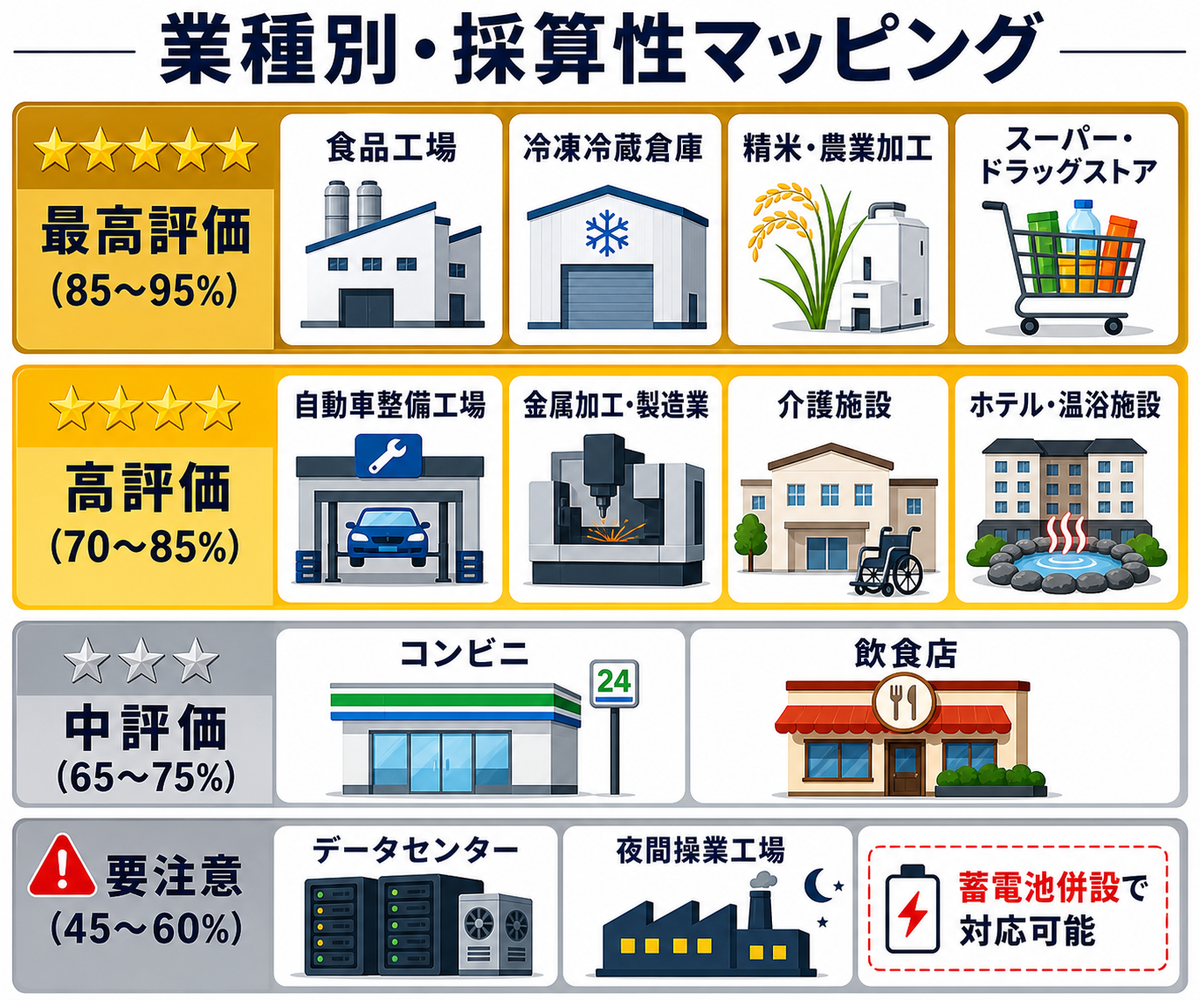 業種別の自家消費型太陽光発電 採算性マッピング。食品工場・冷蔵倉庫が最高評価