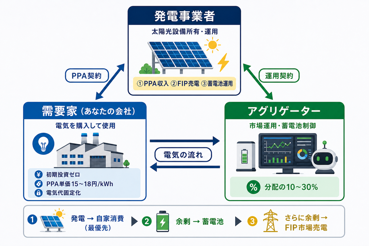 PPA・自己託送スキーム図。発電事業者・需要家・アグリゲーターの3者構成と電気の流れ