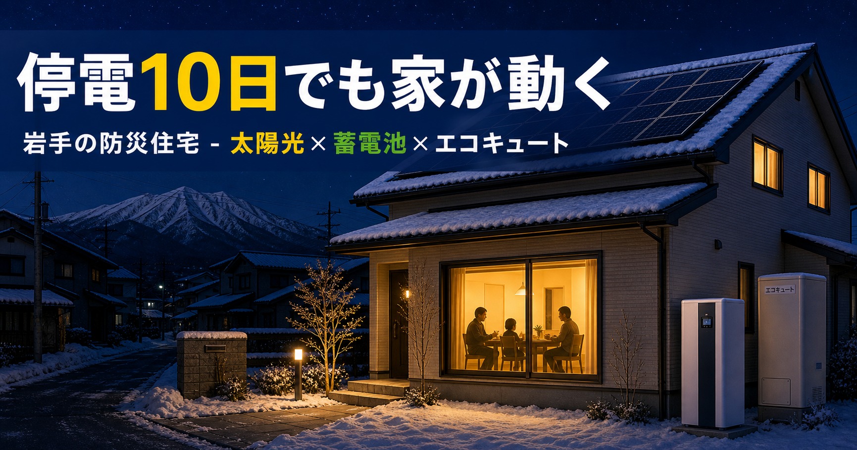 停電している岩手の町並みの中、太陽光と蓄電池で1軒だけ明かりが灯る防災住宅