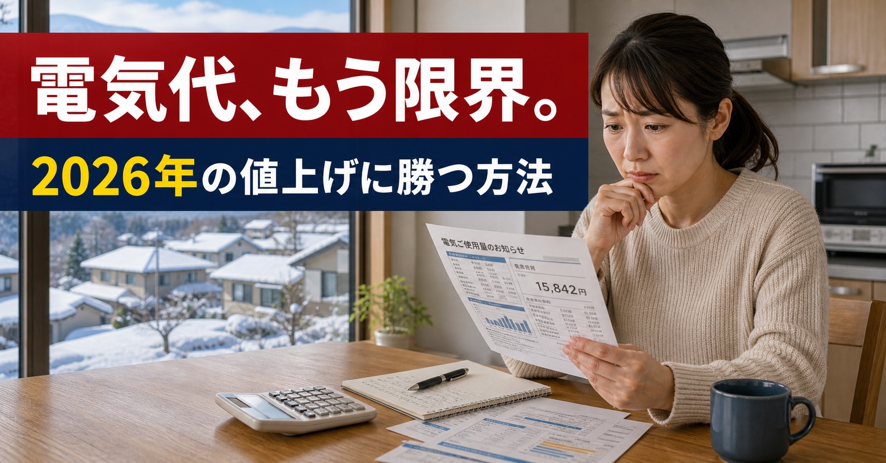 2026年の電気代値上げに不安を感じる岩手の家庭。電気料金明細と電卓を前に頭を抱える主婦のイメージ