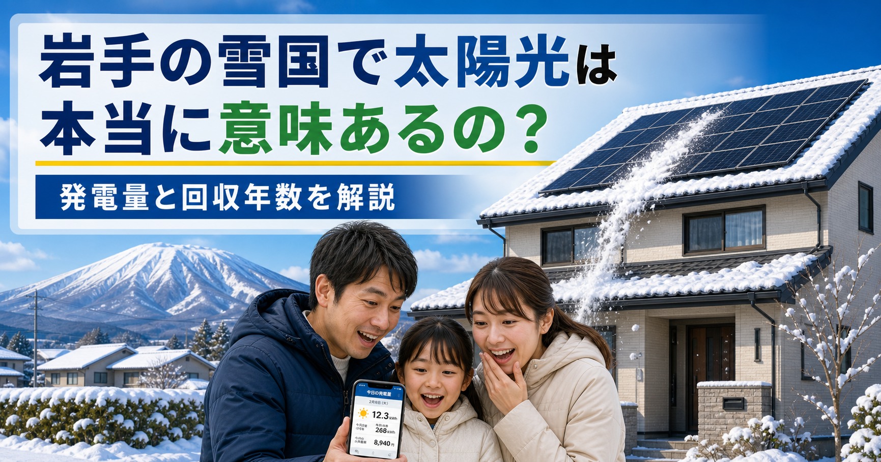 岩手の雪景色の中で発電を続ける太陽光パネル付き住宅。雪国でも太陽光発電は本当に意味があるのかを解説するアイキャッチ画像