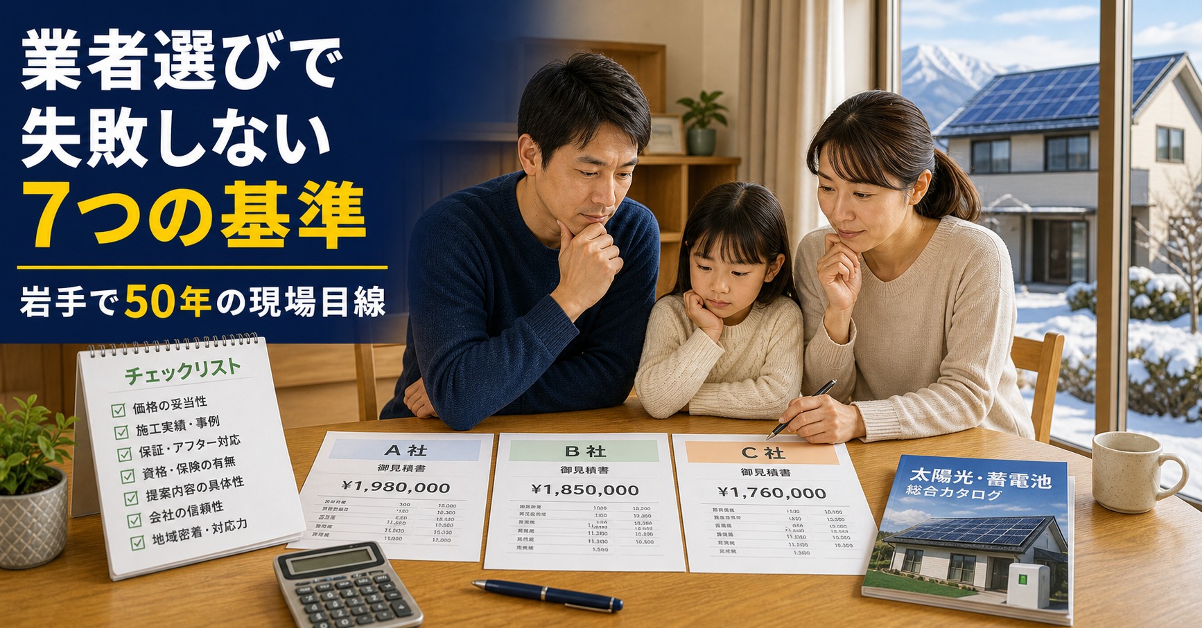 3社の見積書を見比べる岩手の家族と、屋根の太陽光パネル。業者選びで失敗しない7つの基準のアイキャッチ画像